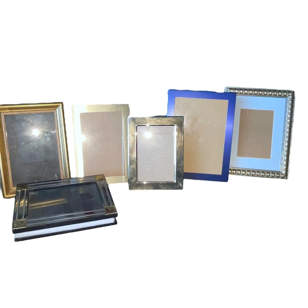 Vintage Picture Frame Lot Metal Brass Lucite Desk Frame & Album (6)